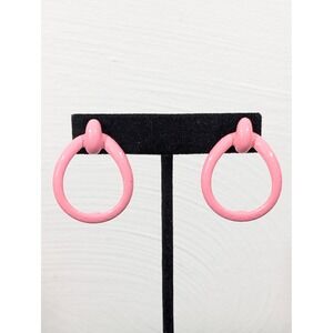 Vintage Oops A Daisy Pink Enamel Hoop Drop Earrings Pierced Retro